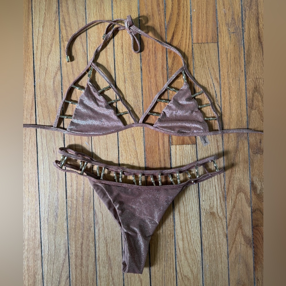 Beach Bunny Brown Shimmer Bikini Set with Triangle Top